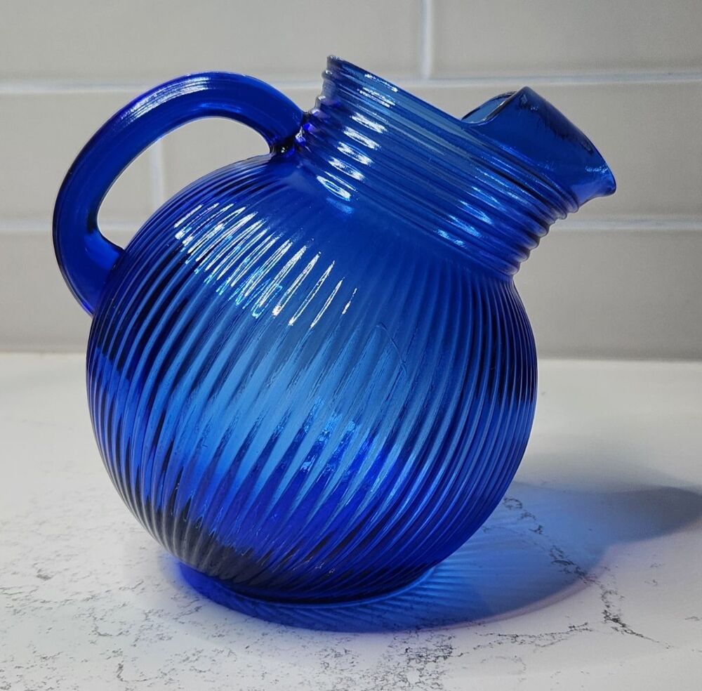 Hazel Atlas 40 Oz Tilt Water Pitcher Fine Rib Cobalt Blue Jug Vintage 6" x 6.5"